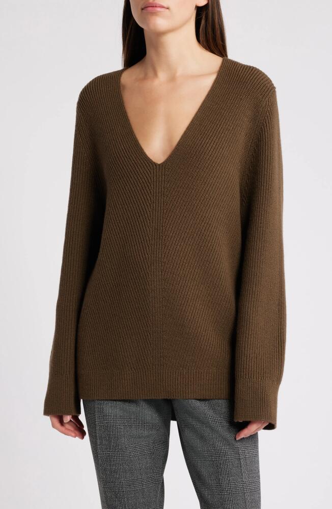 BOSS Fusonia Wool Deep V-Neck Sweater in Marshland Green Cover