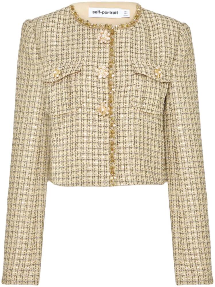 Self-Portrait cropped bouclé jacket - Gold Cover