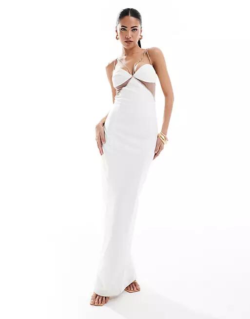 Heiress Beverly Hills premium diamante strap cut out mesh detail maxi dress in white Cover