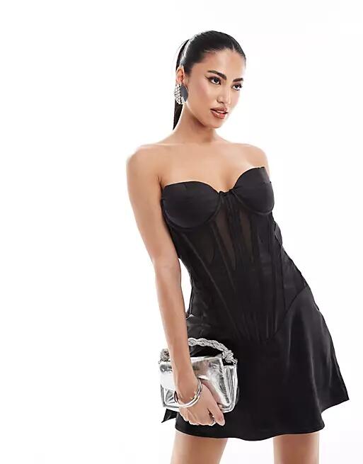 Heiress Beverly Hills premium satin corset bandeau mini dress with mesh inserts in black Cover