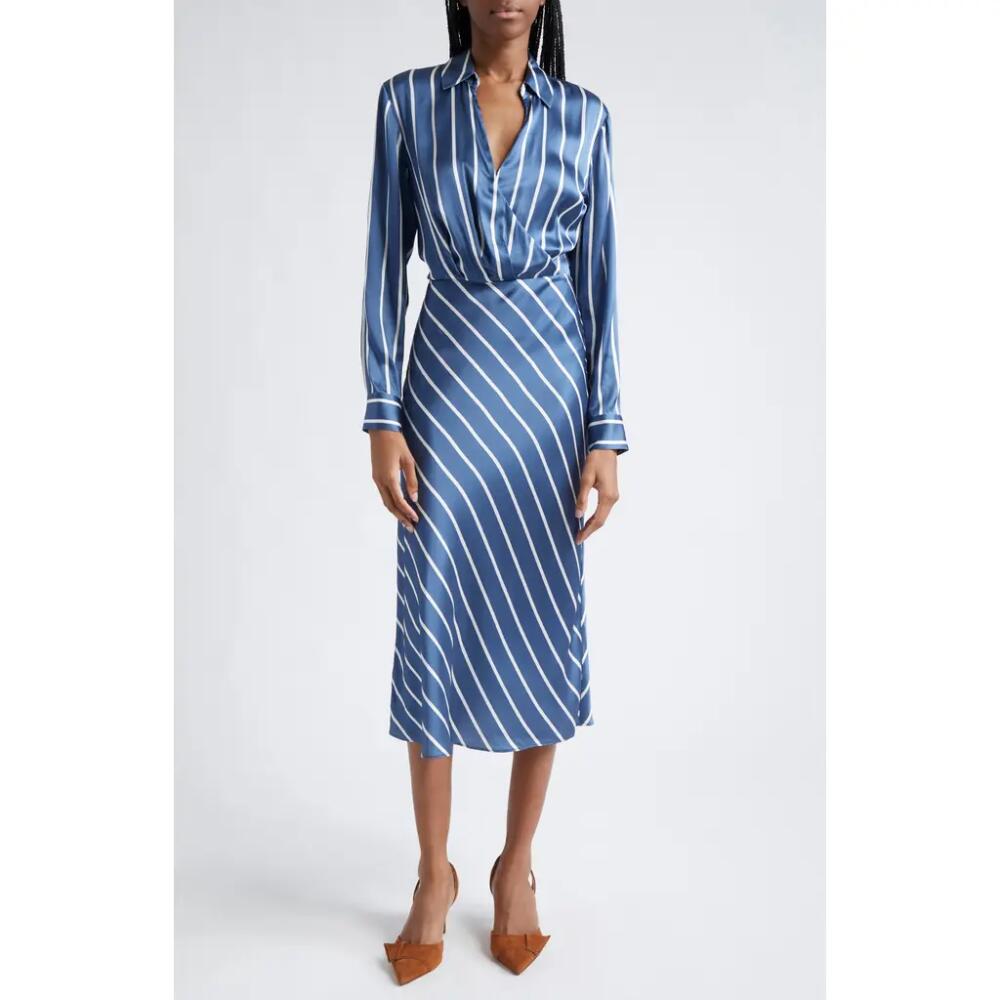 Veronica Beard Stripe Long Sleeve Silk Blend Shirtdress in Blue Stone Off-White Cover