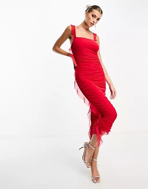 Flounce mesh square midi dress with frill detail in red Cover