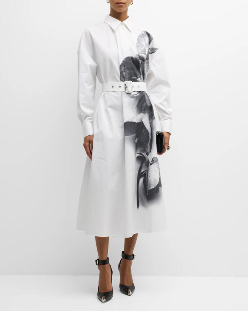 Alexander McQueen Orchid-Print Poplin Belted Midi Shirtdress Cover