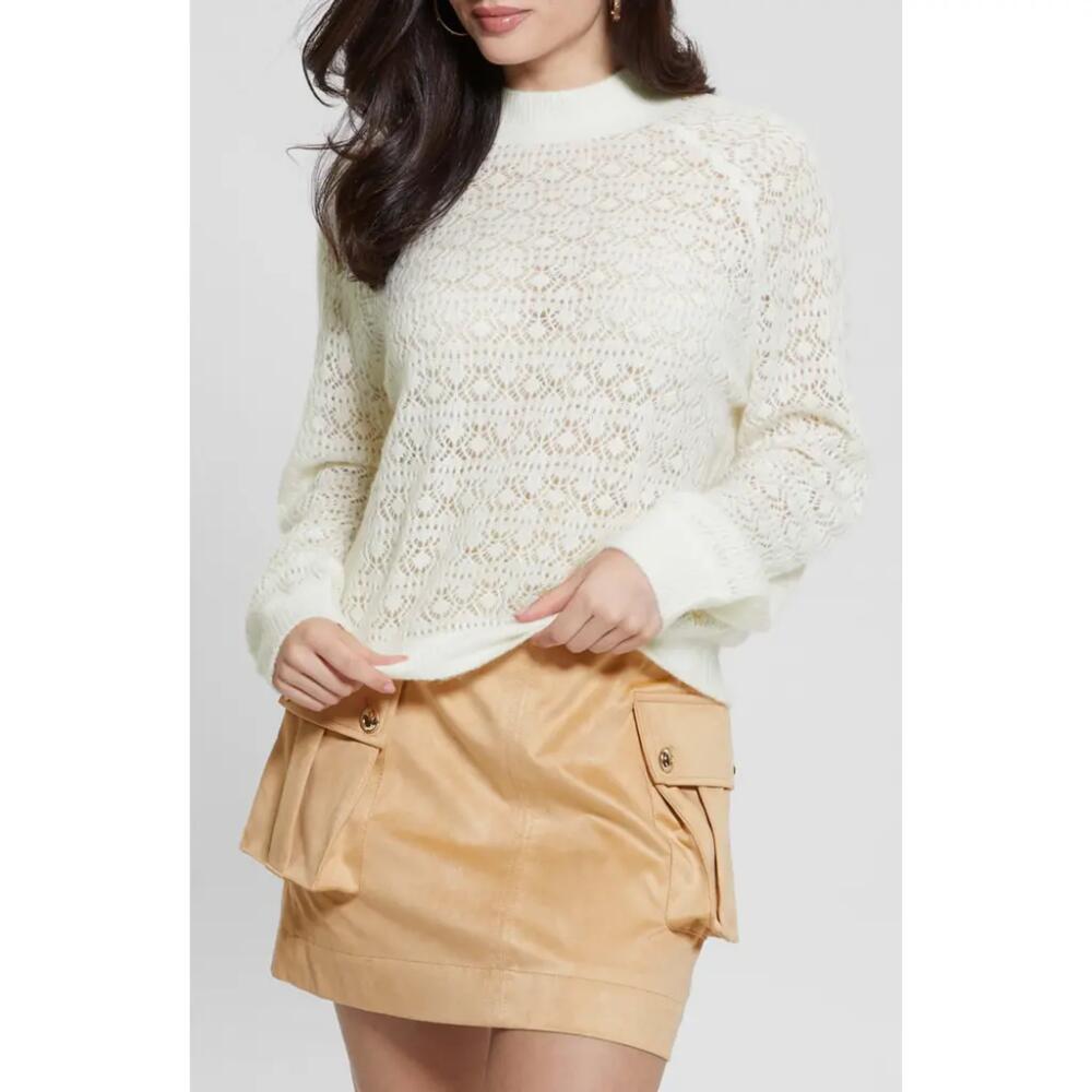 GUESS Kensley Open Stitch Mock Neck Sweater in Cream White Cover