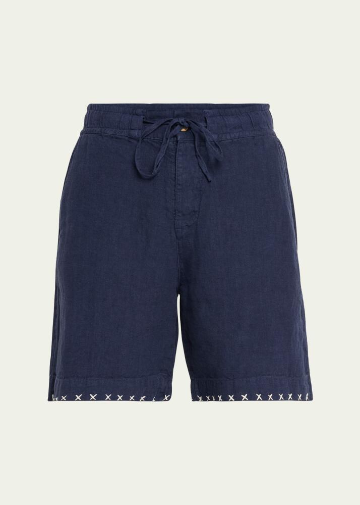 The Elder Statesman Men's Sulfur Topstitched Linen Shorts Cover