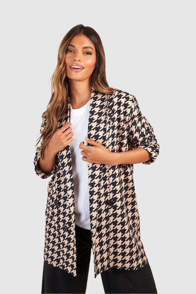 boohoo Womens Basic Jersey Knit Crepe Tonal Dogtooth Relaxed Fit Blazer - Beige Cover