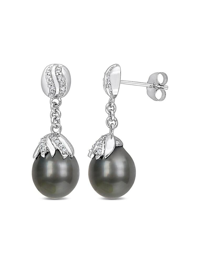 Sonatina Women's 14K White Gold, 9.5-10MM Black Tahitian Pearls & Diamond Drop Earrings Cover