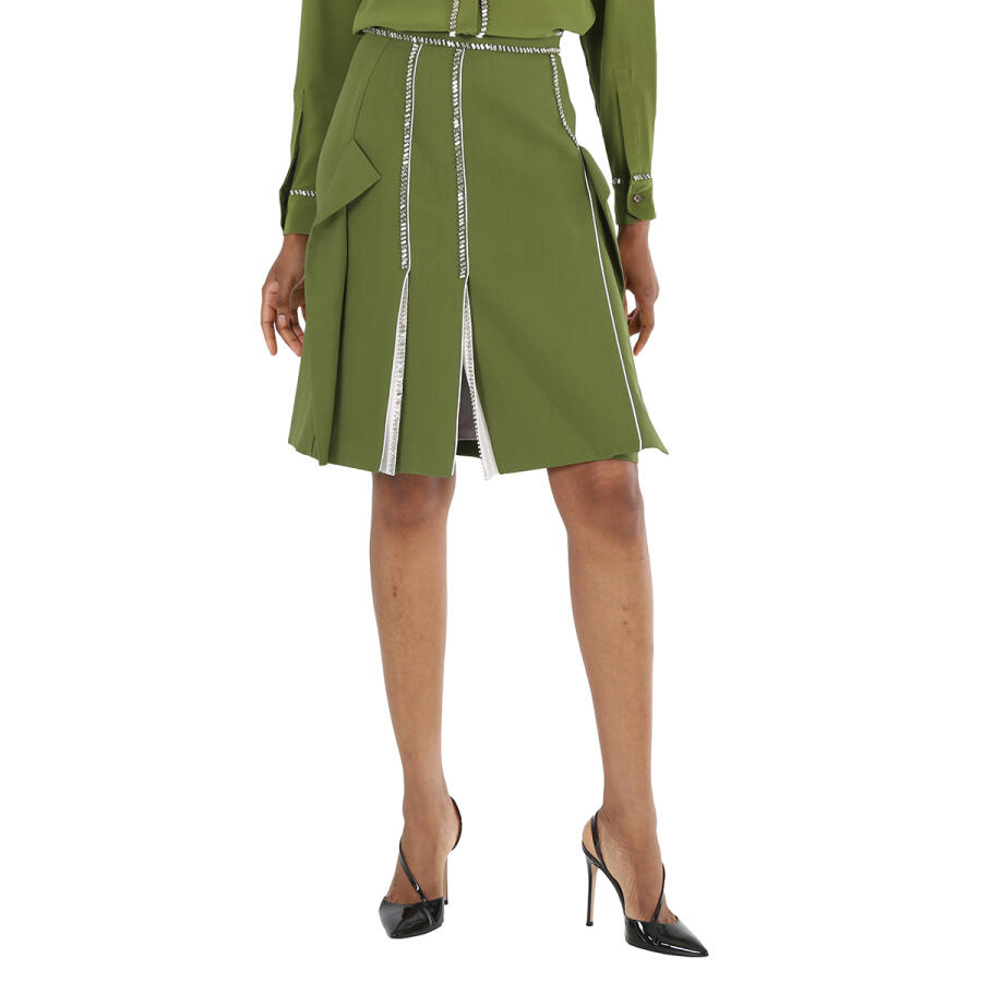 Burberry Ladies Cedar Green Crystal Detail Panelled Wool-Crepe A-Line Skirt Cover