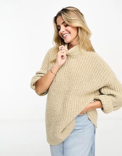 Monki high neck chunky rib knitted sweater with volume sleeve in beige-Neutral Cover