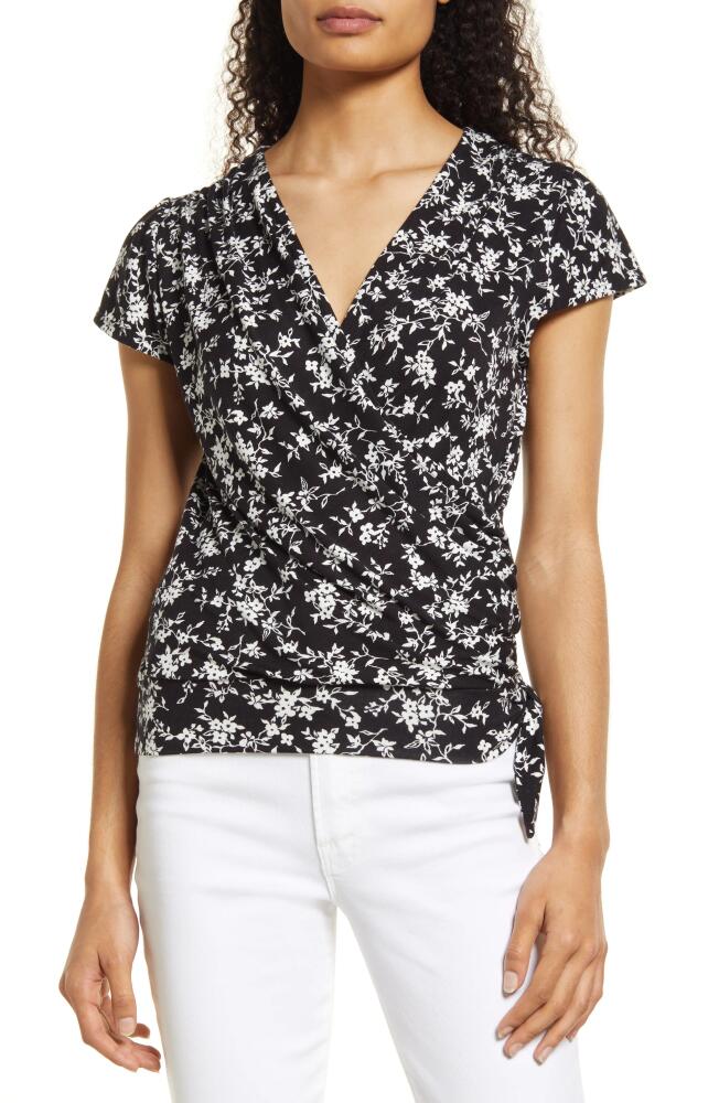 Loveappella Floral Print Faux Wrap Top in Black Cover