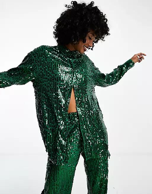 Extro & Vert oversized sequin shirt in emerald green - part of a set Cover