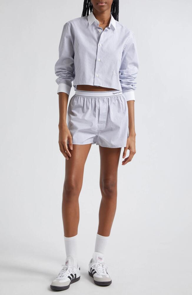 Sporty & Rich SRC Embroidered Stripe Cotton Crop Button-Up Shirt in White/Navy Thin Stripe Cover