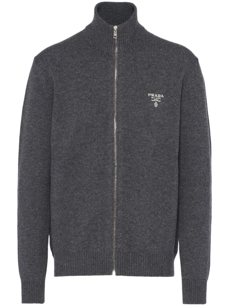 Prada logo-embroidered cashmere hoodie - Grey Cover