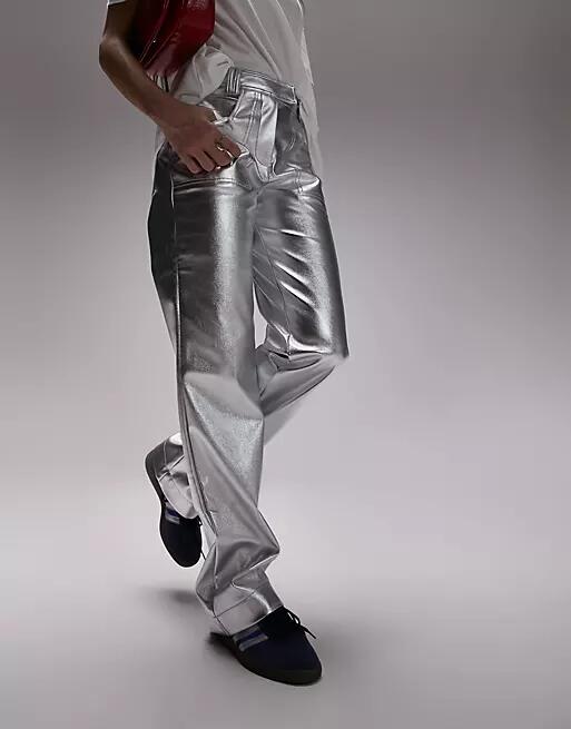 Topshop faux leather tab waist straight leg metallic pants in silver-Gray Cover