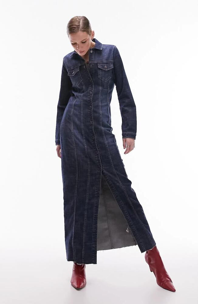 Topshop Long Sleeve Raw Hem Stretch Denim Shirtdress in Mid Blue Cover