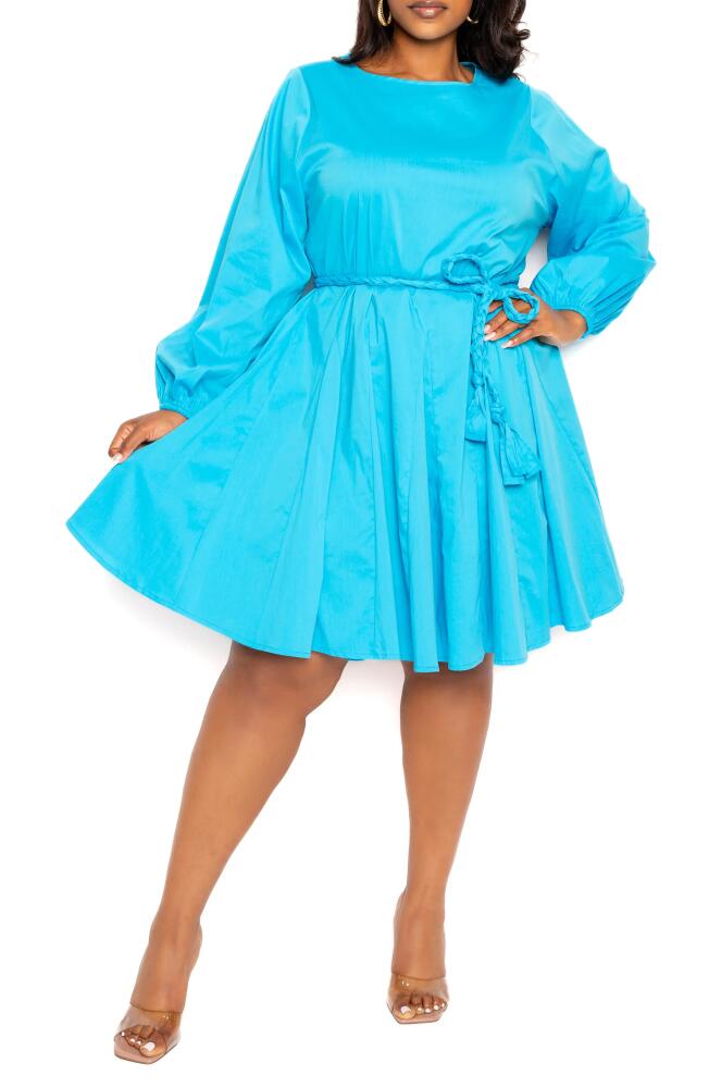 BUXOM COUTURE Tie Belt Long Sleeve A-Line Dress in Turquoise Cover