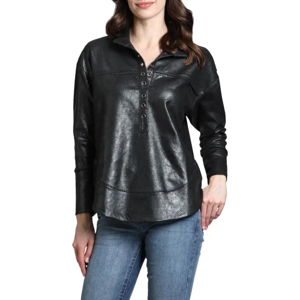 APNY Faux Leather Henley Top in Black Cover