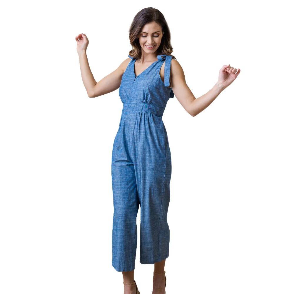 Hope & Henry Women's Sleeveless Bow Shoulder Jumpsuit in Blue Chambray Cover