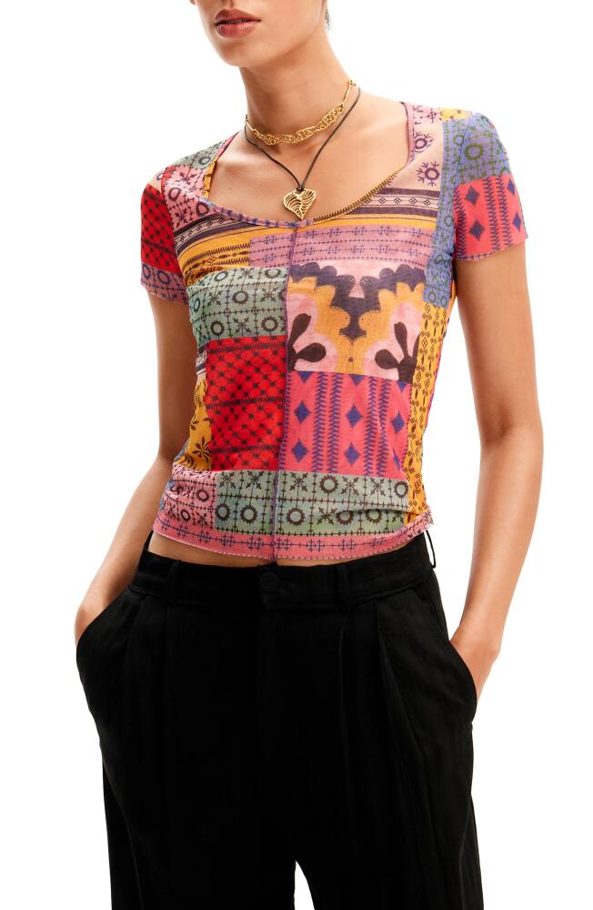 Desigual Tesela Patchwork Print T-Shirt in Pink Mix Cover