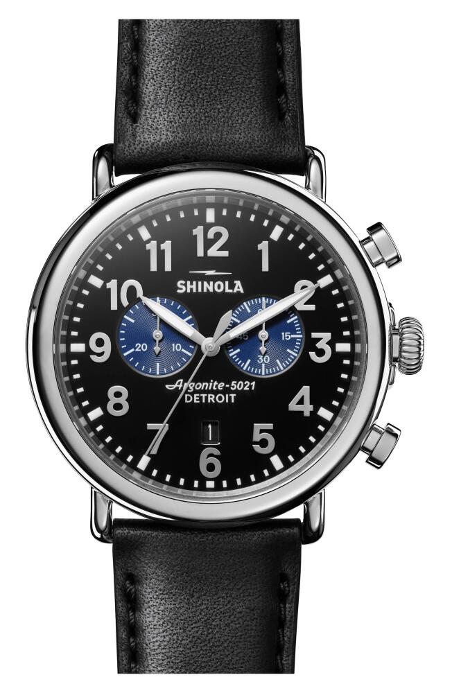 Shinola The Runwell Chrono Leather Strap Watch, 47mm in Black/Silver Cover