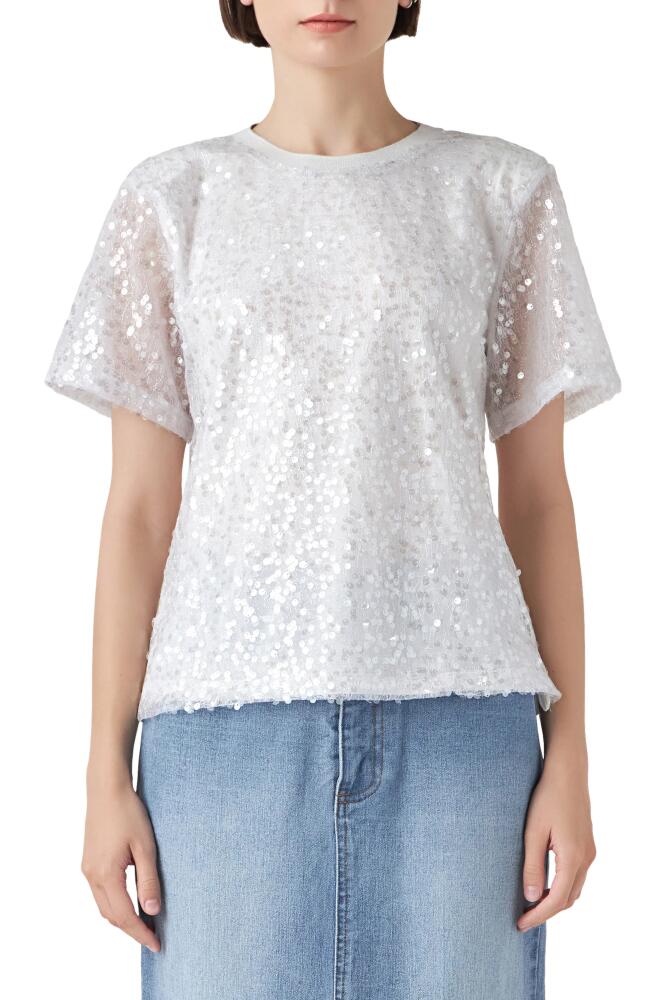 Grey Lab Sequin Padded Shoulder Back Cutout Top in White Cover