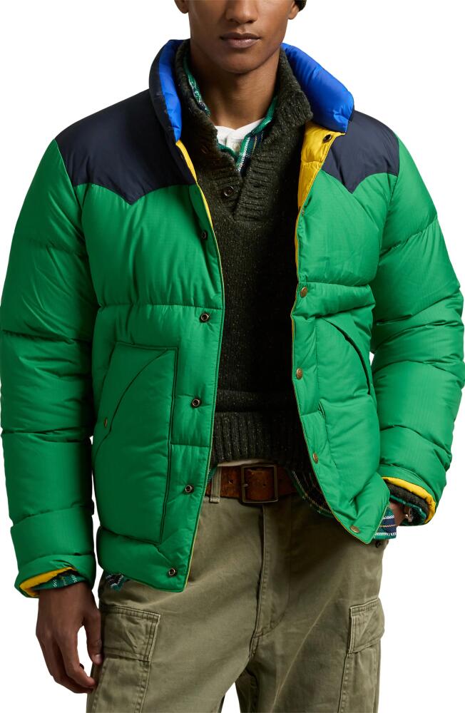 Polo Ralph Lauren Telluride Down & Feather 650 Fill Puffer Coat in Green Grass/Collection Navy Cover