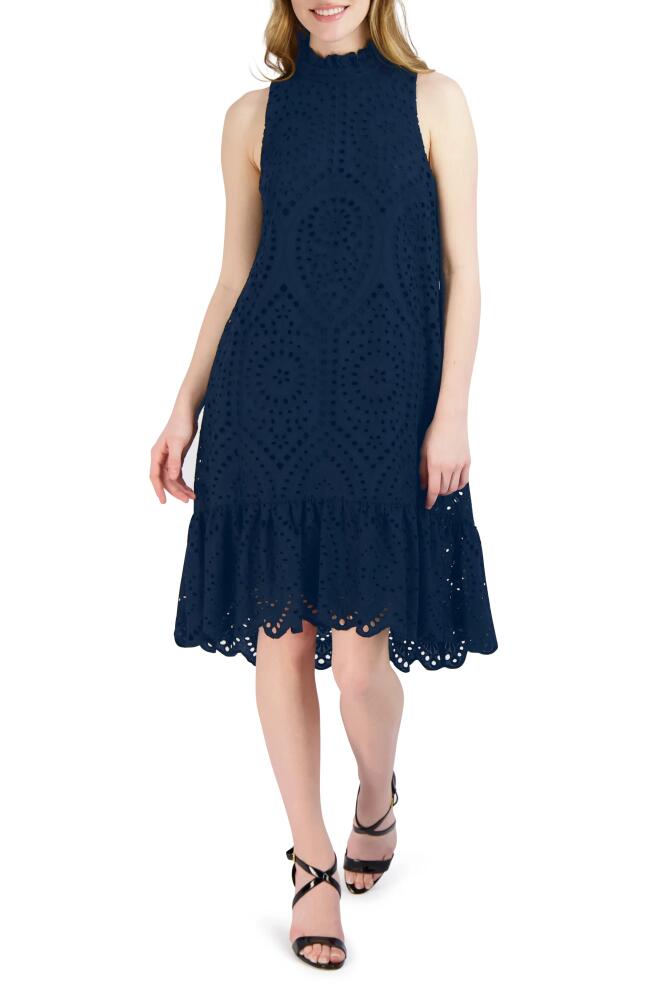 Julia Jordan Sleeveless Eyelet Ruffle Hem Dress in Navy Cover