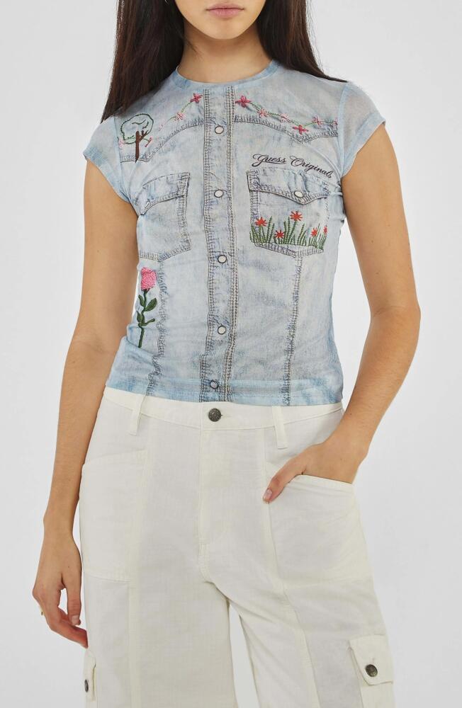 GUESS Studded Denim Trompe l'Oeil Mesh Graphic T-Shirt in Go Printed Denim Embroidery Cover