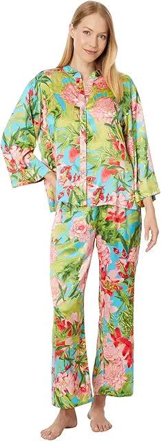 N by Natori Enchanted Peony - Satin PJ Set (Aqua Blue) Women's Pajama Sets Cover