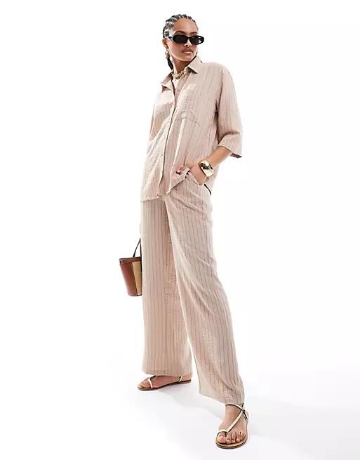 JDY high waisted wide leg pants in beige stripe - part of a set-Neutral Cover