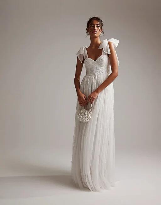 ASOS DESIGN Mila floral embellished mesh wedding dress with tie straps in ivory-White Cover