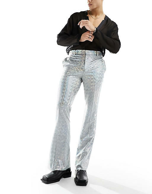 ASOS DESIGN smart flare pants in silver metallic plisse Cover