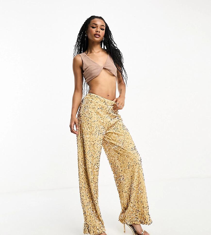 Extro & Vert Petite wide leg slouchy velvet pants in gold Cover