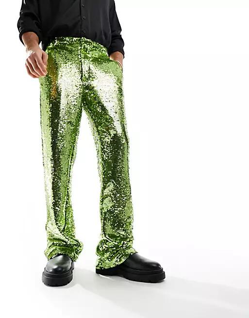 ASOS DESIGN smart flare pants in lime green sequins Cover