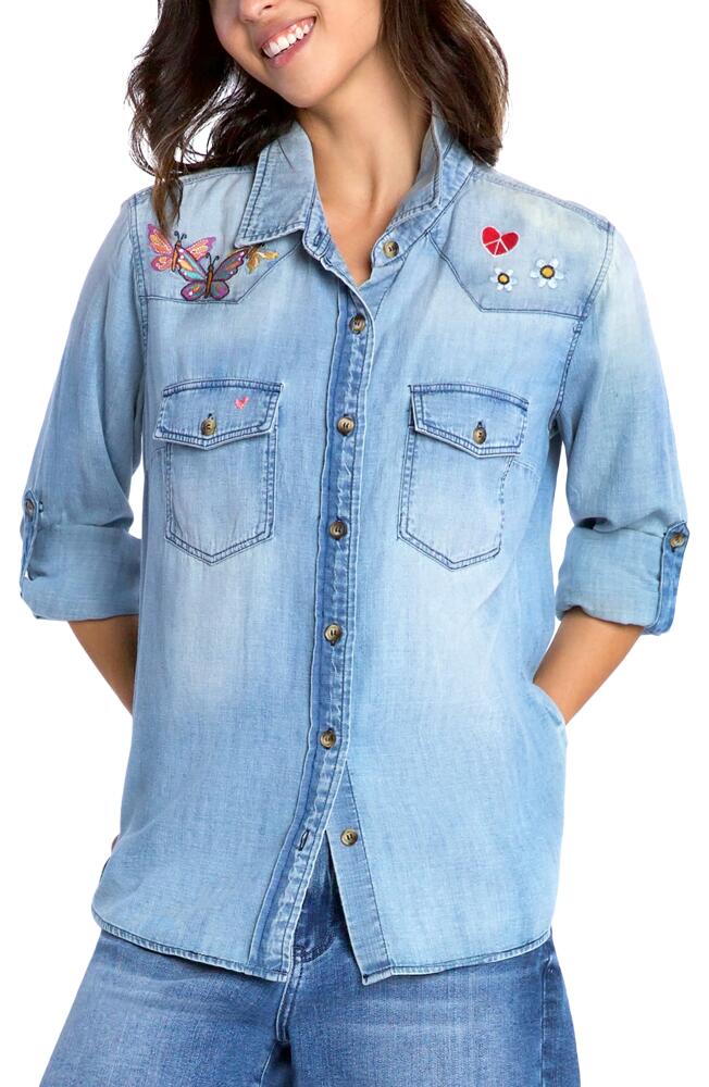 Billy T Butterfly Kiss Embroidered Denim Graphic Button-Up Shirt Cover