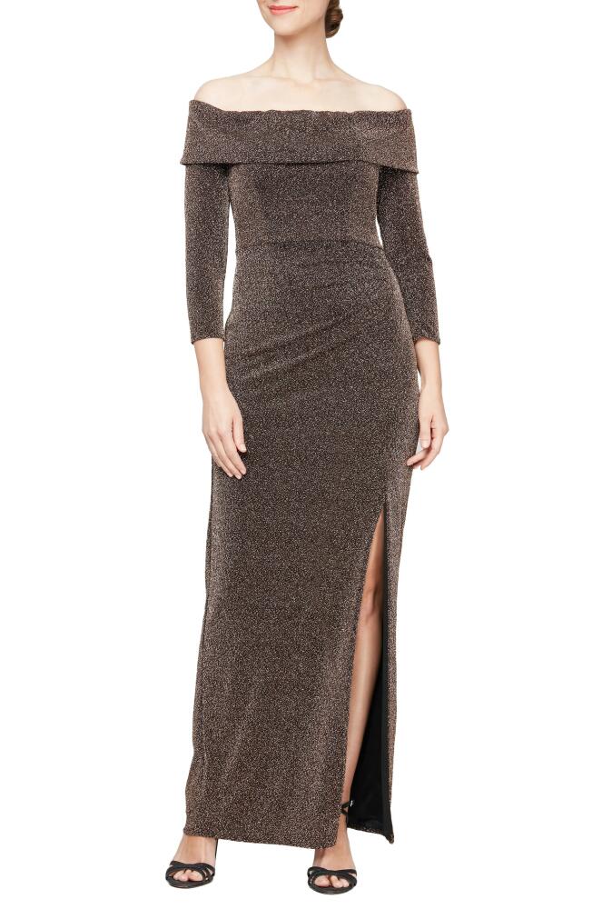 Alex Evenings Metallic Off the Shoulder Knit Sheath Gown in Black/Copper Cover