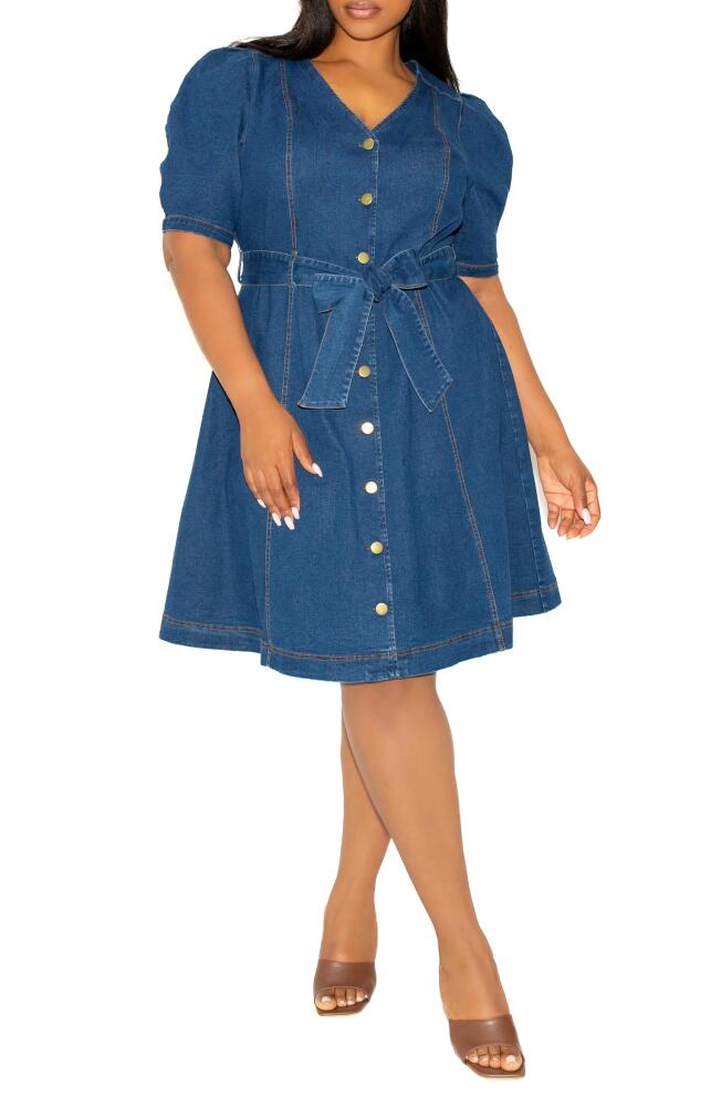 BUXOM COUTURE Puff Sleeve Tie Belt Denim Shirtdress in Denim Blue Cover