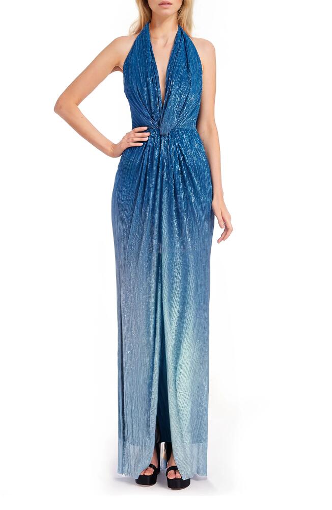 Jewel Badgley Mischka Metalllic Ombré Halter Neck Gown in Blue Multi Cover