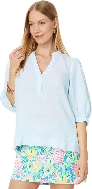 Lilly Pulitzer Mialeigh Elbow Sleeve Linen Top (Hydra Blue X Resort White) Women's Clothing Cover