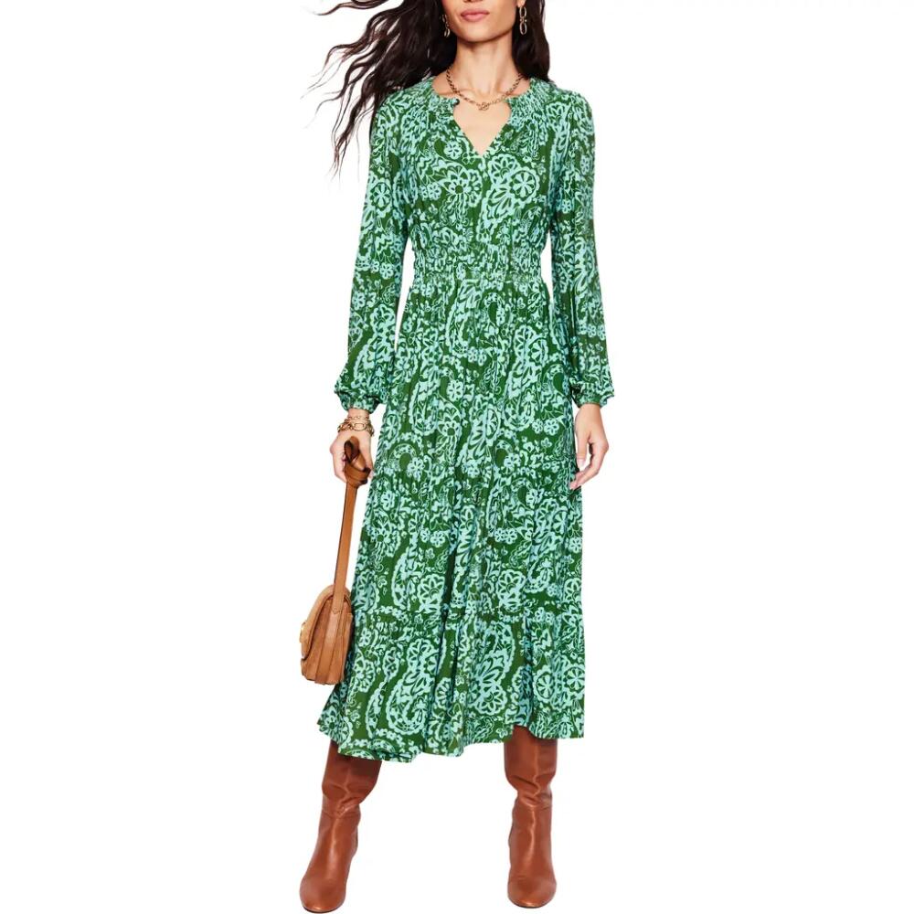 Boden Paisley Long Sleeve Smock Waist Midi Dress in Brook Paisley Cascade Cover