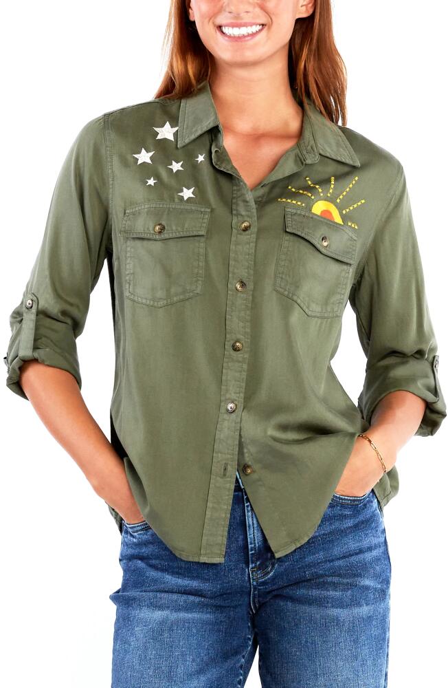 Billy T Hello Sunshine Embroidered Button-Up Shirt in Soft Olive Cover