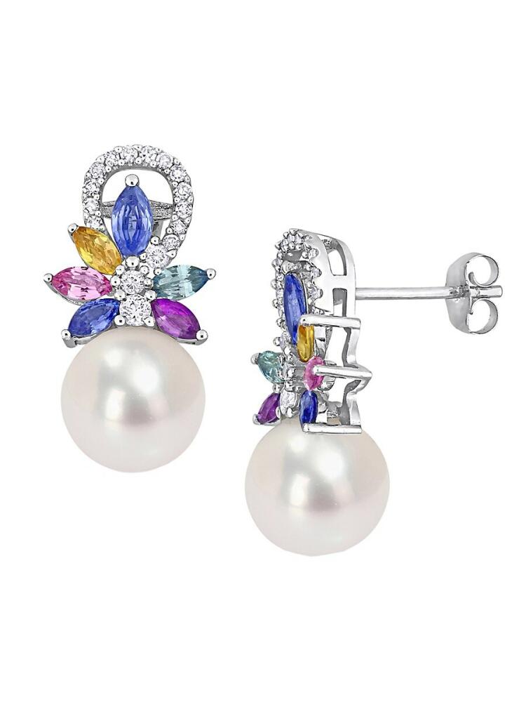 Sonatina Women's 14K White Gold, 9-9.5MM Freshwater Pearl & Multi Stone Drop Earrings Cover