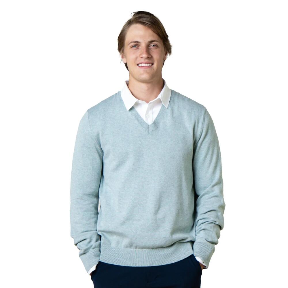 Hope & Henry Men's Organic Fine Gauge V-Neck Sweater in Dusty Blue Heather Cover