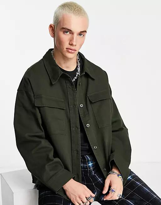 ADPT oversized boxy fit twill overshirt in khaki-Green Cover