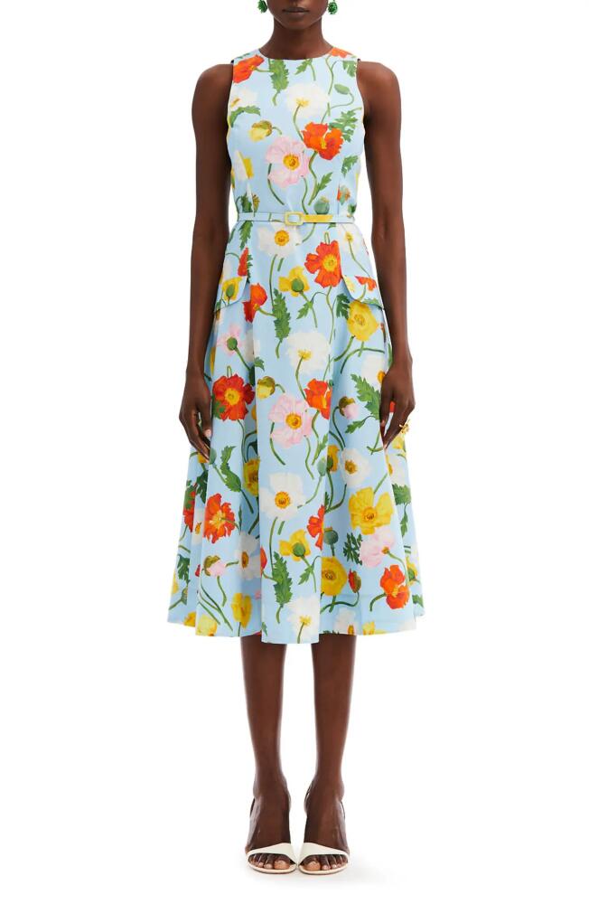 Oscar de la Renta Poppy Print Sleeveless Belted Dress in Light Blue Multi Cover