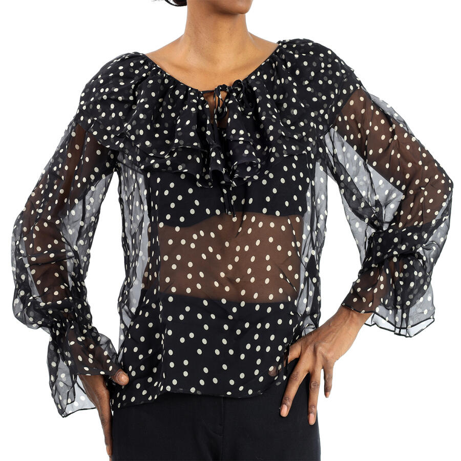 Saint Laurent Ladies Black Ruffle-detail Polka-dot Blouse Cover