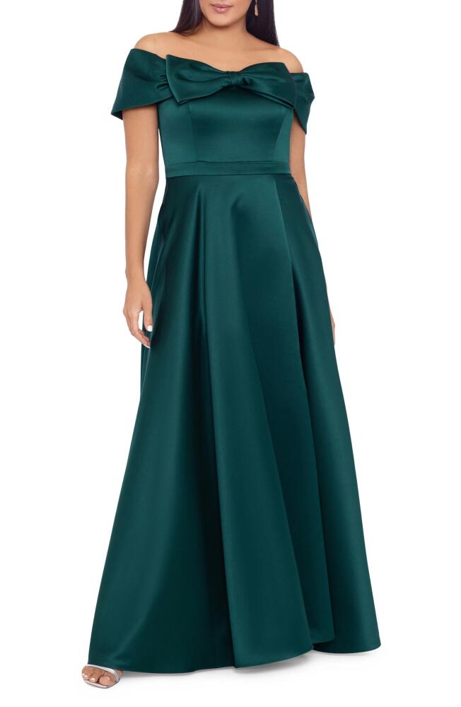 Xscape Evenings Bow Off the Shoulder Ballgown in Hunter Cover