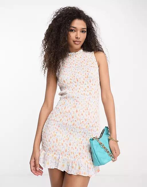 French Connection shirred mini dress in white floral Cover