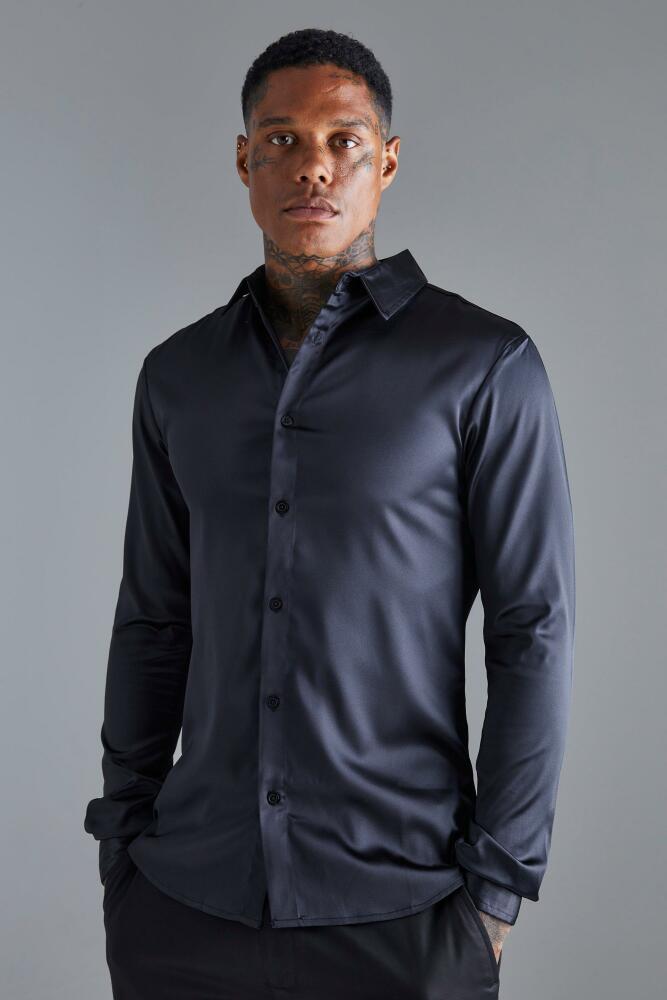 boohoo Mens Long Sleeve Muscle Satin Shirt - Black Cover