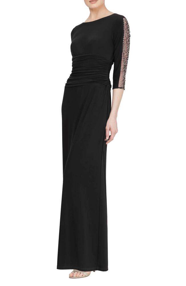 SL FASHIONS Beaded Sleeve Ruched Gown in Black Cover